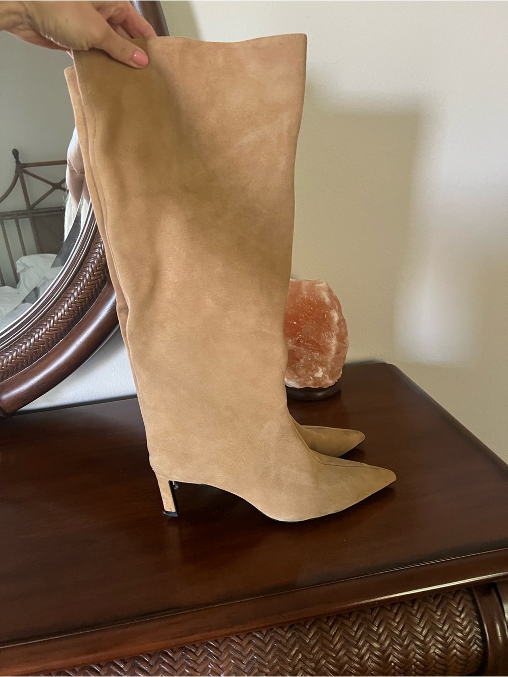 Zara Camel Suede Knee-High Pointed Toe Boots